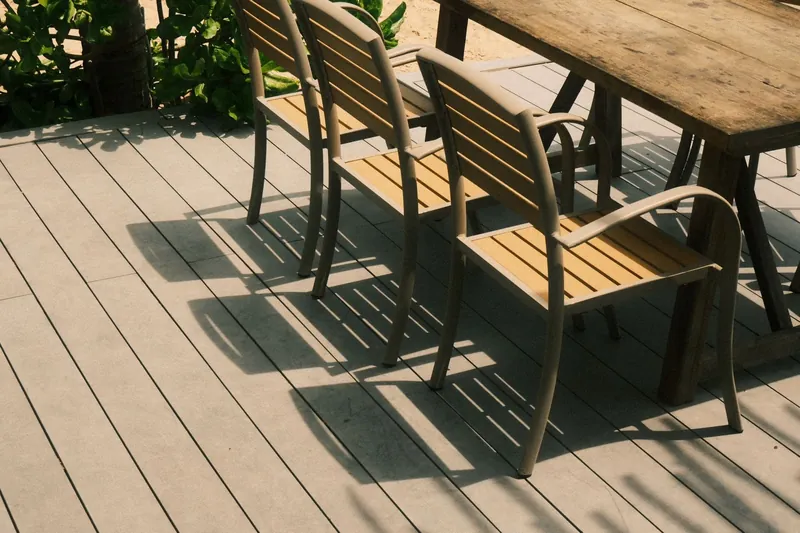 A clean timber deck with outdoor furniture in bright sunlight
